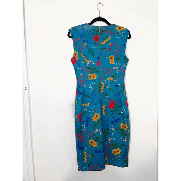 Calvin Klein Signature Pencil Midi Dress in Teal Floral Print - Picture 2 of 4